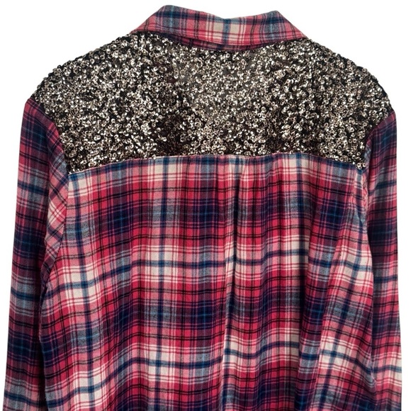 Express Boyfriend Red and Blue Sparkle Panel Plaid Long Sleeve Button Up Size M - Picture 6 of 11